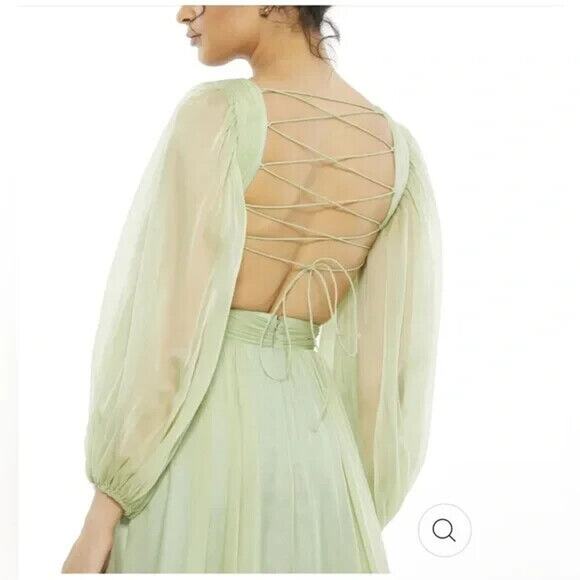 NEW Mac Duggal 67948 Pleated Cut Out Long Sleeve Lace Up Ethereal Sage Gown 8 - Picture 3 of 8